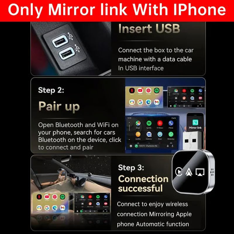 Upgrade 3 in 1 Screen Mirror iOS Phone, wired to wireless Car play adapter